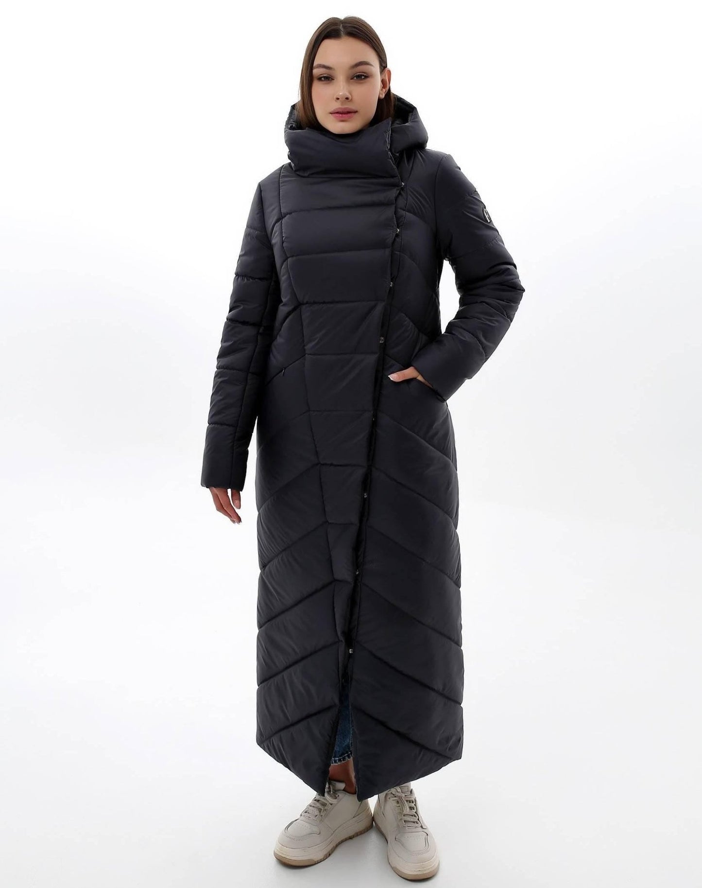 Navy Long Puffer Coat Maxi Winter Warm Women's Clothing Пуховик ПВ - 1133 Лаке Тон 180 - FAVORITTI