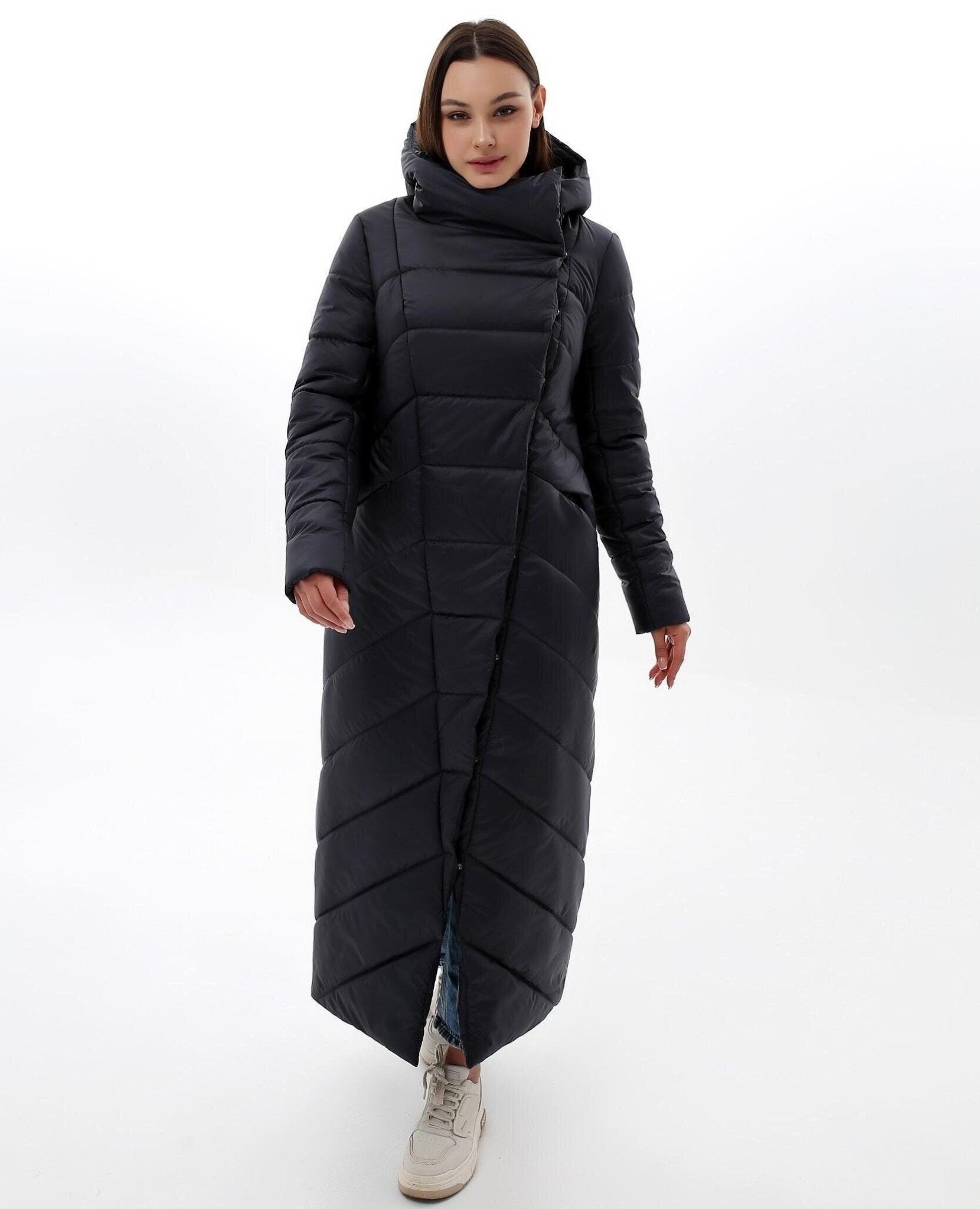 Navy Long Puffer Coat Maxi Winter Warm Women's Clothing Пуховик ПВ - 1133 Лаке Тон 180 - FAVORITTI
