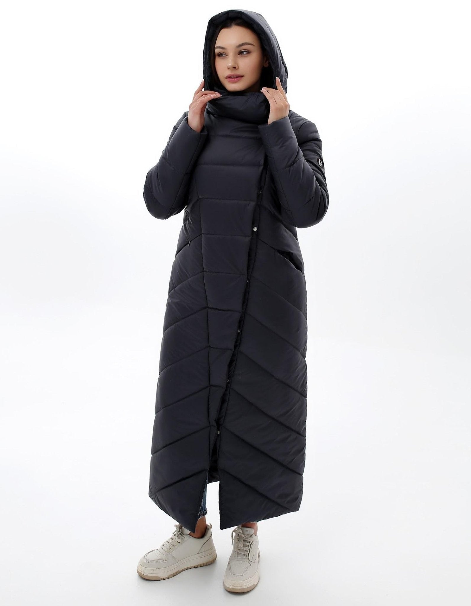 Navy Long Puffer Coat Maxi Winter Warm Women's Clothing Пуховик ПВ - 1133 Лаке Тон 180 - FAVORITTI