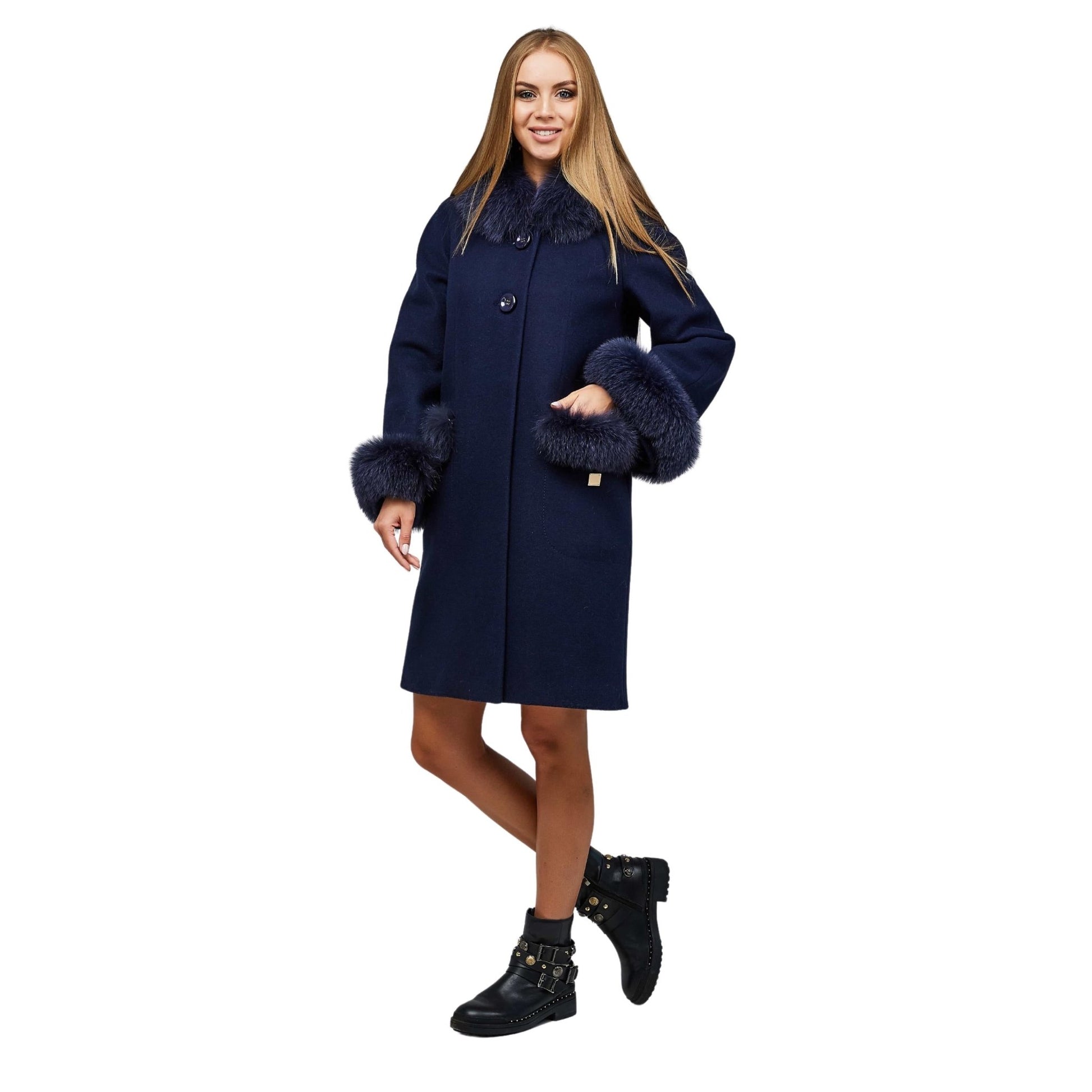 Navy Wool Coat Arctic Fox Fur Collar Cuffs Pockets Пальто П - 1205 н/м Шерсть пальтовая 113 - 1712 Тон 16 - FAVORITTI
