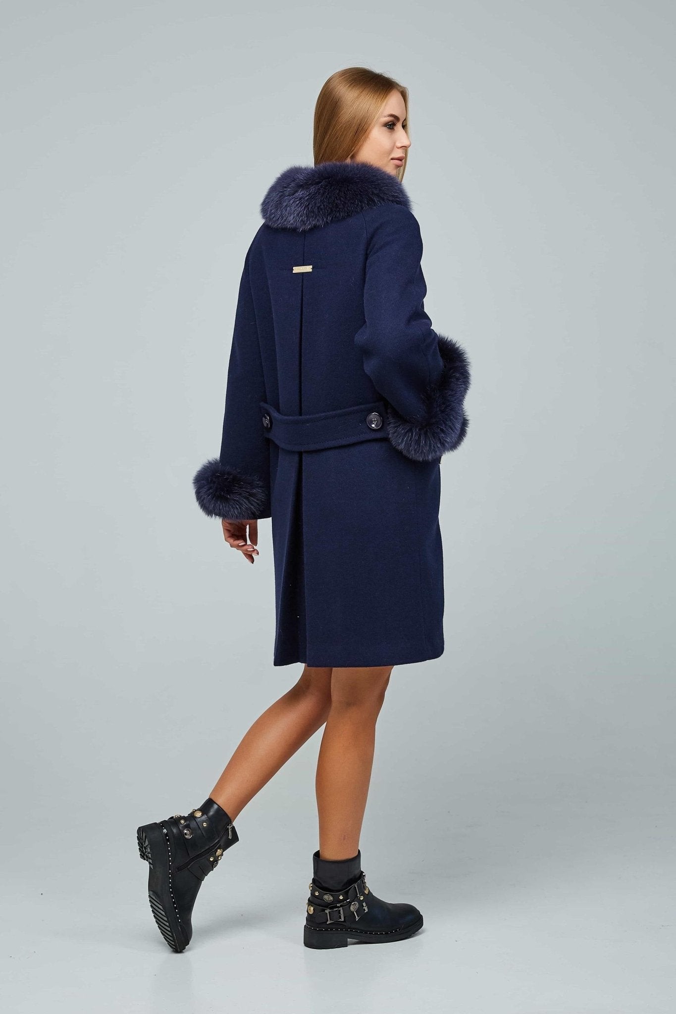Navy Wool Coat Arctic Fox Fur Collar Cuffs Pockets Пальто П - 1205 н/м Шерсть пальтовая 113 - 1712 Тон 16 - FAVORITTI