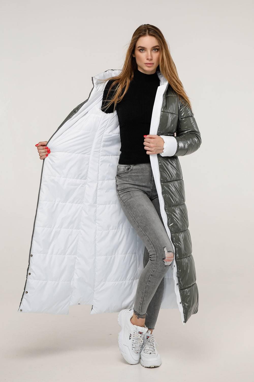 Olive White Long Puffer Coat With Hood Women Waterproof and Windproof Winter Jacket Пуховик ПВ - 1202 Лак Тон 25 + Тон 1 - FAVORITTI
