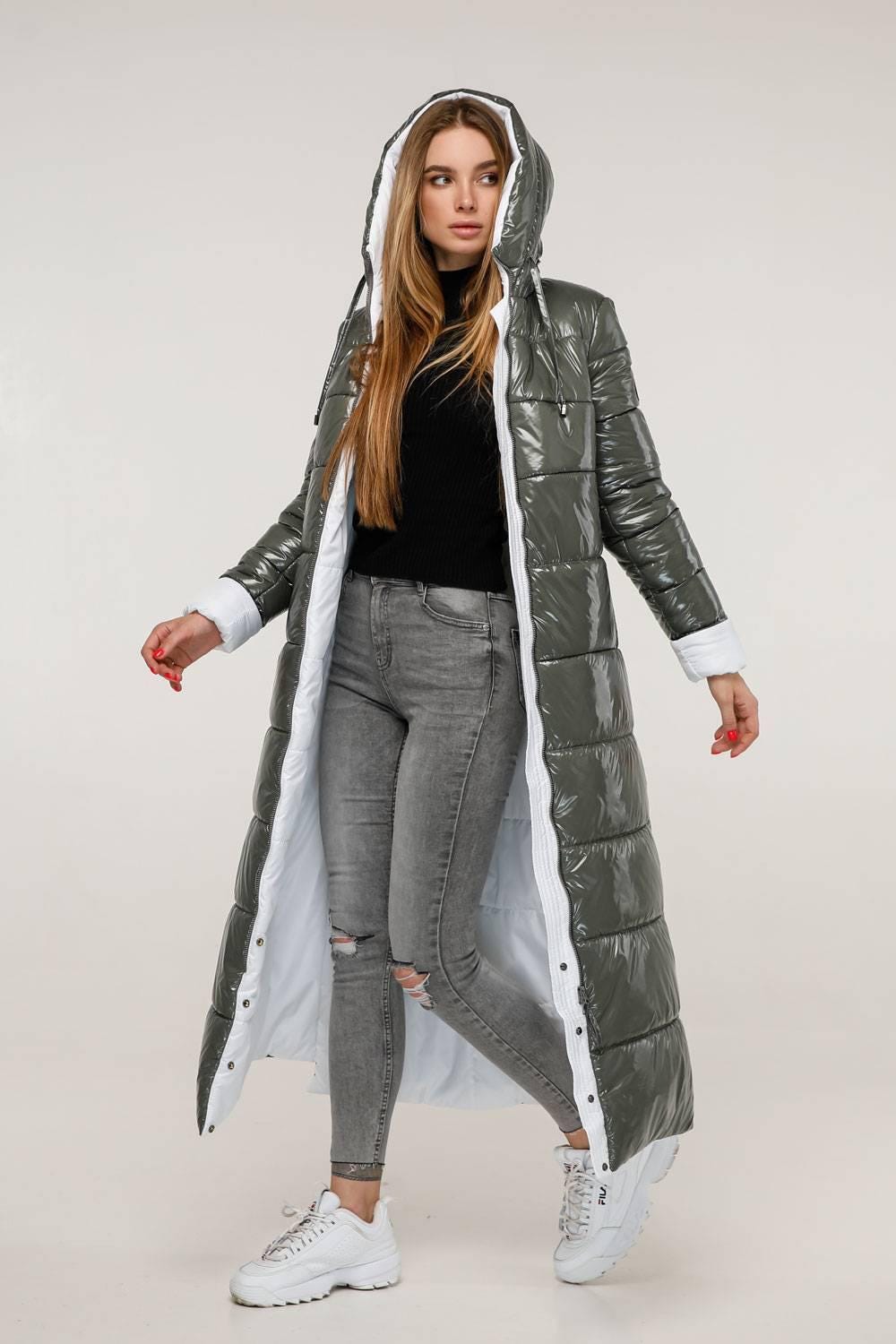 Olive White Long Puffer Coat With Hood Women Waterproof and Windproof Winter Jacket Пуховик ПВ - 1202 Лак Тон 25 + Тон 1 - FAVORITTI