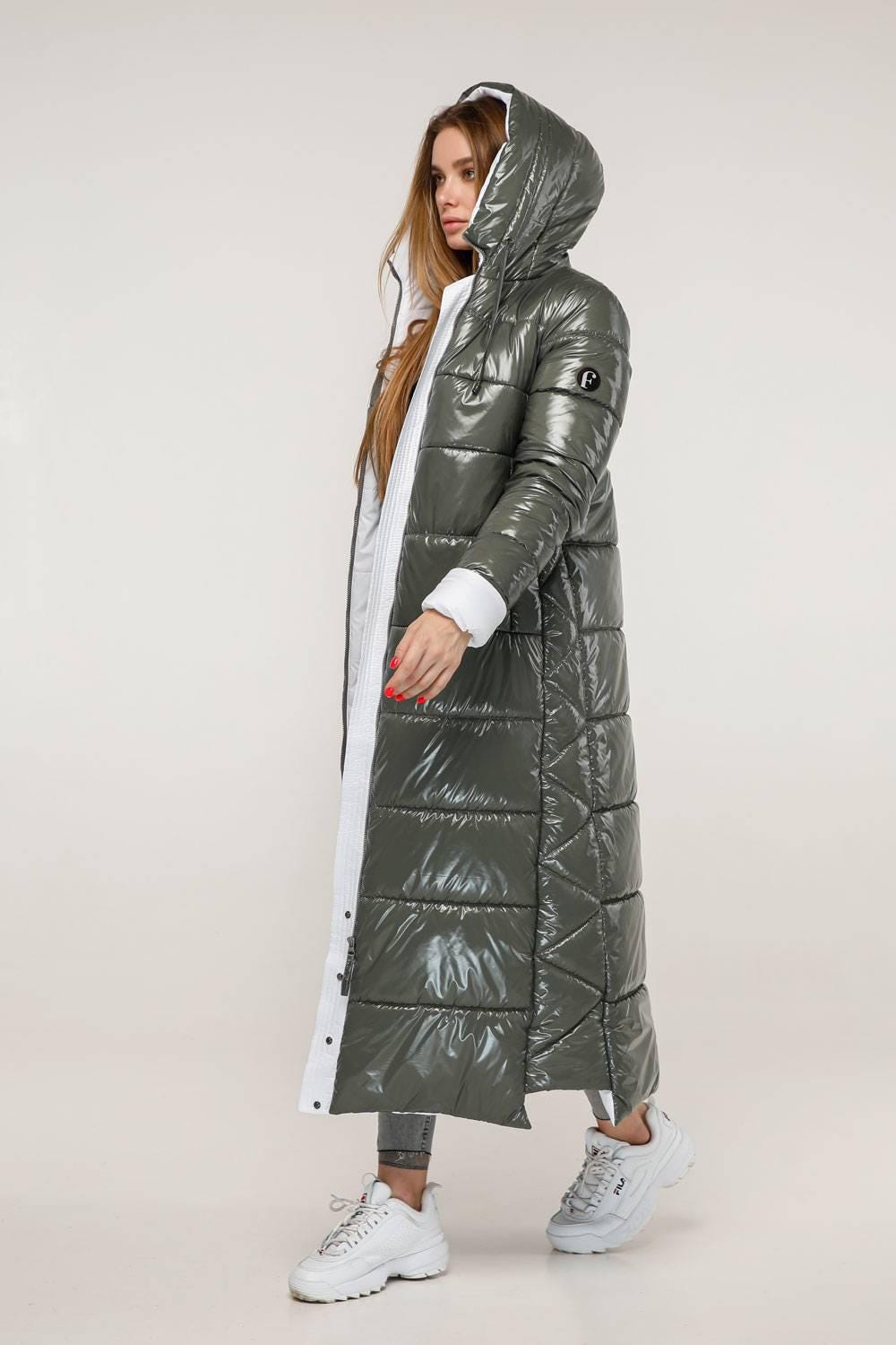 Olive White Long Puffer Coat With Hood Women Waterproof and Windproof Winter Jacket Пуховик ПВ - 1202 Лак Тон 25 + Тон 1 - FAVORITTI