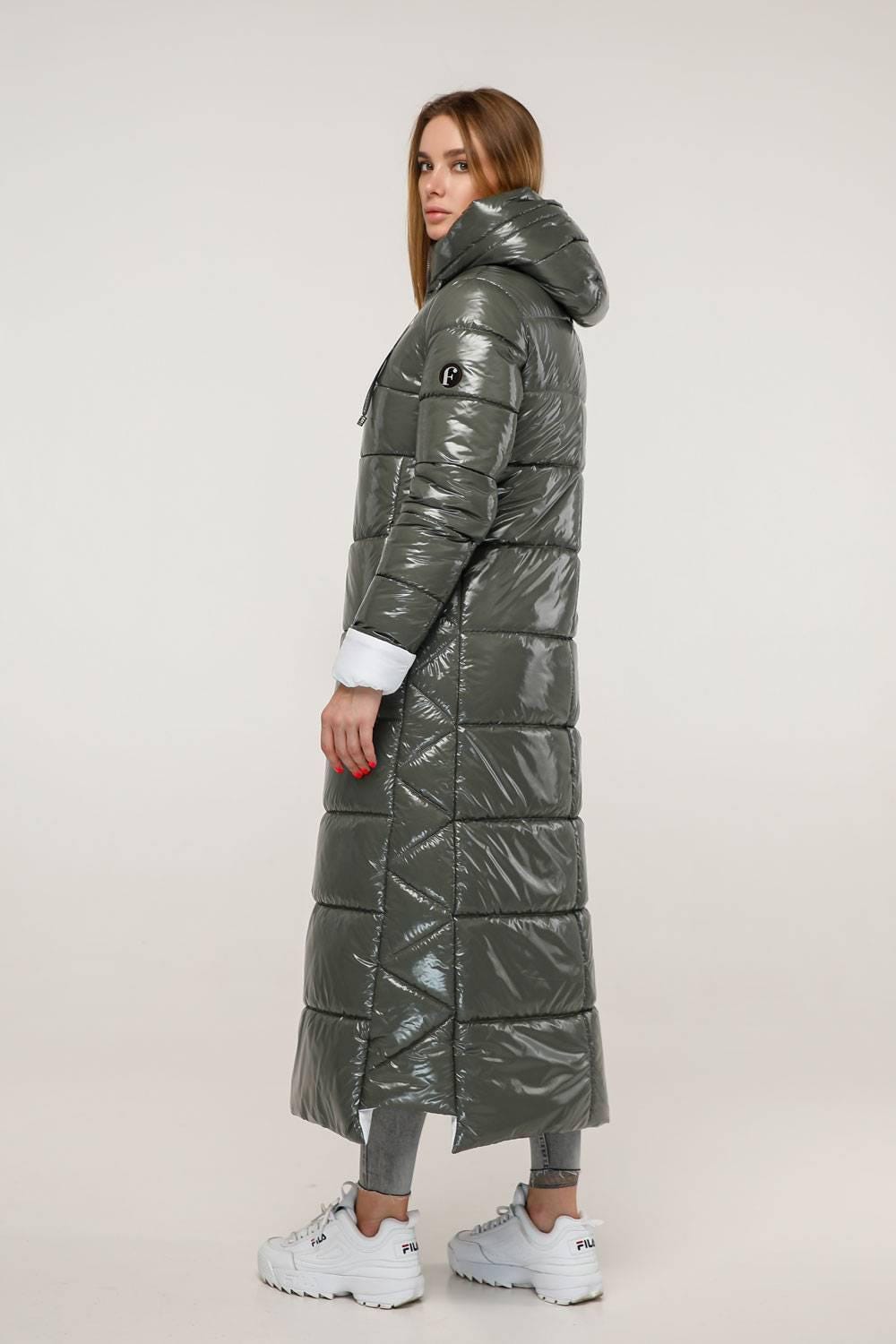 Olive White Long Puffer Coat With Hood Women Waterproof and Windproof Winter Jacket Пуховик ПВ - 1202 Лак Тон 25 + Тон 1 - FAVORITTI