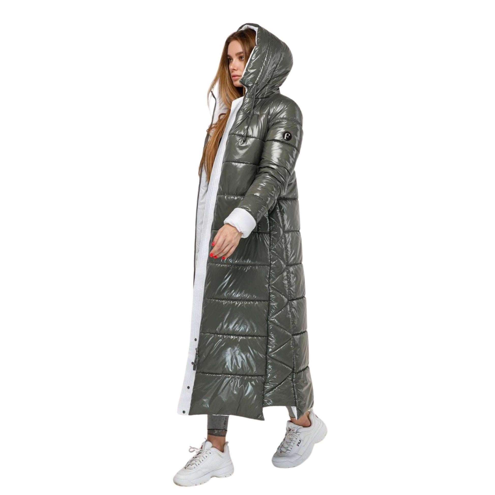 Olive White Long Puffer Coat With Hood Women Waterproof and Windproof Winter Jacket Пуховик ПВ - 1202 Лак Тон 25 + Тон 1 - FAVORITTI