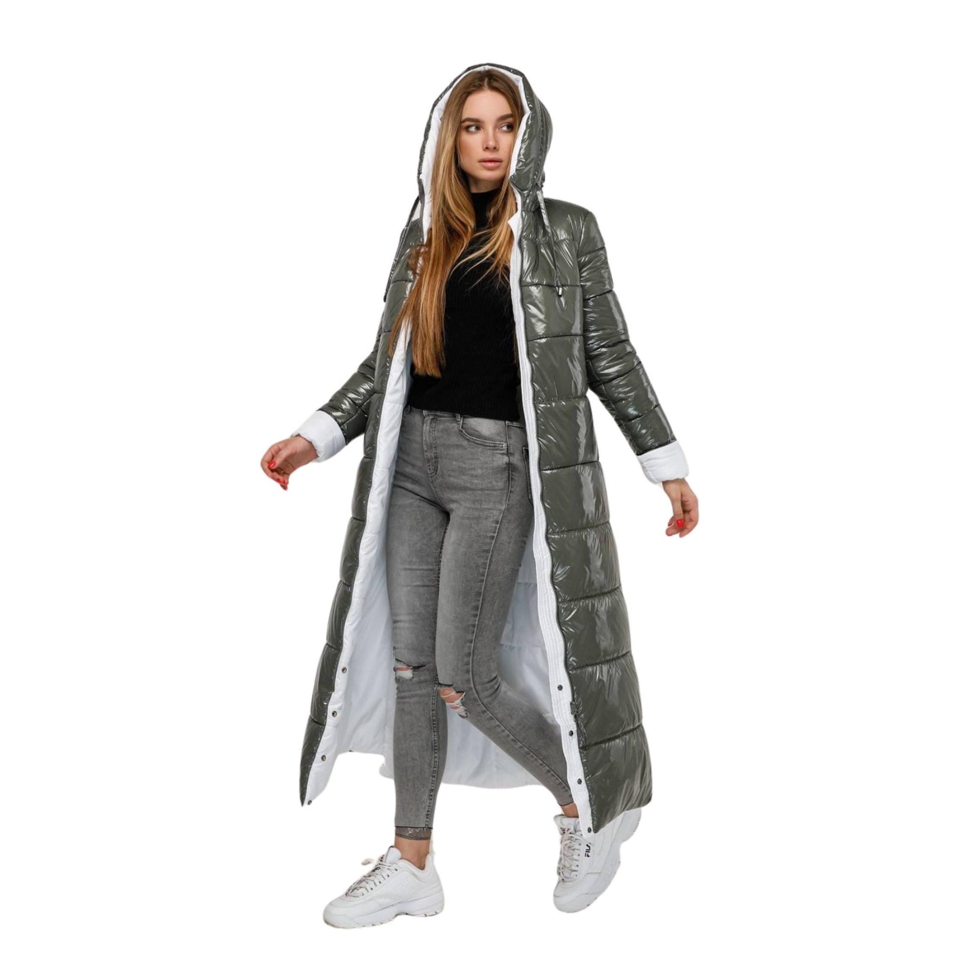 Olive White Long Puffer Coat With Hood Women Waterproof and Windproof Winter Jacket Пуховик ПВ - 1202 Лак Тон 25 + Тон 1 - FAVORITTI