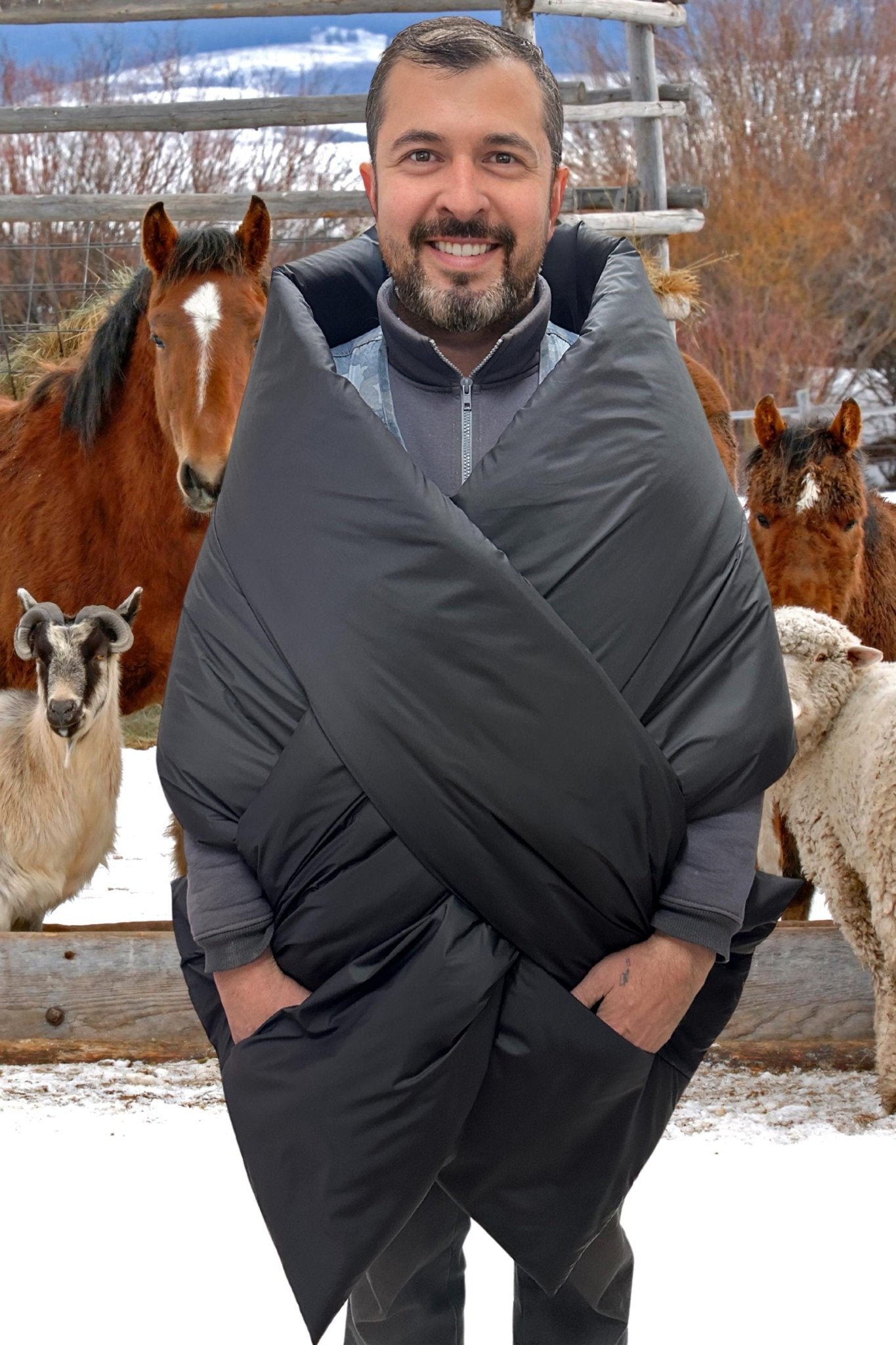Puffer Blanket Shawl Cape Around Shoulders Wrap Large Scarf 20x100in with 2 pockets Warm Winter Mens Gift - FAVORITTI