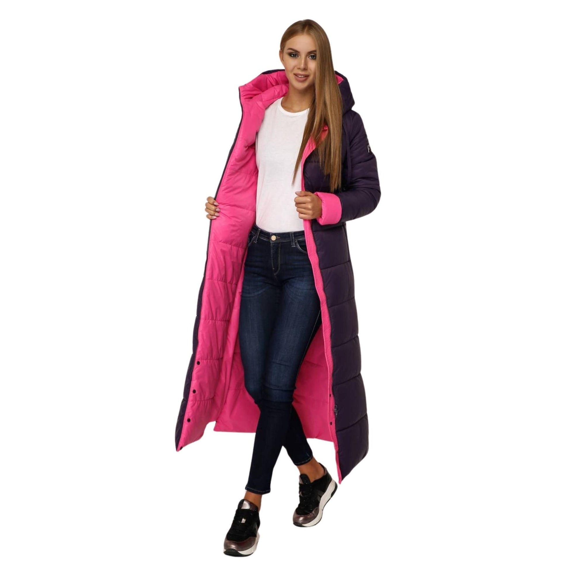 Purple Hot Pink Long Puffer Coat With Hood Women Waterproof and Windproof Winter Jacket Пуховик ПВ - 1202 Лаке Тон 33 + Тон 111 - FAVORITTI