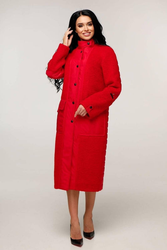 Red Puffer Quilted Coat with Pockets for Women - Long Warm Jacket Пальто В - 1242 Art.6484 Teddy Bouclet Тон 1013 - FAVORITTI