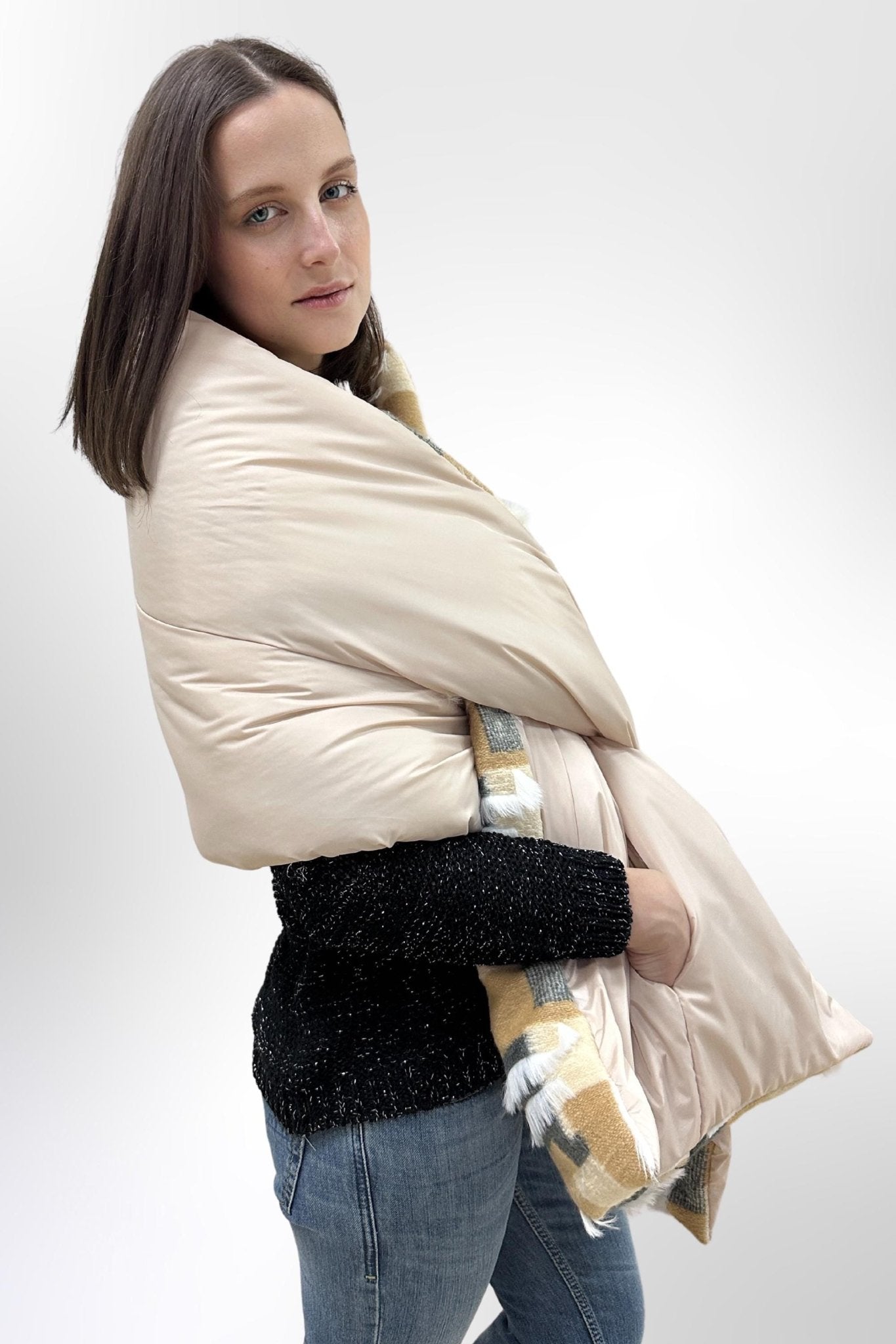 Reversible Puffer Wool Winter Shawl Shoulder Cape Scarf with Pockets 20x85in Warm Gift Womens Clothing - FAVORITTI