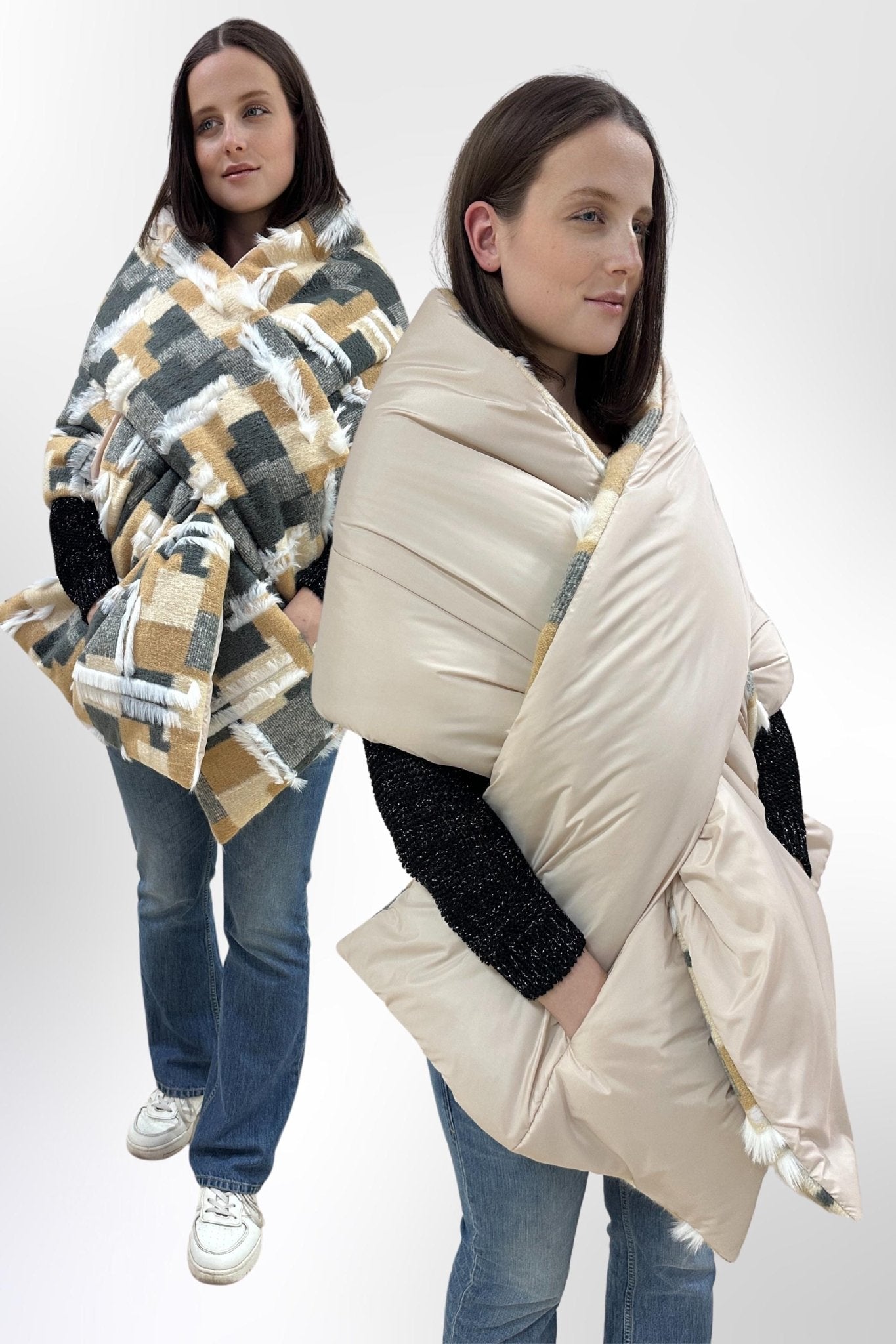 Reversible Puffer Wool Winter Shawl Shoulder Cape Scarf with Pockets 20x85in Warm Gift Womens Clothing - FAVORITTI