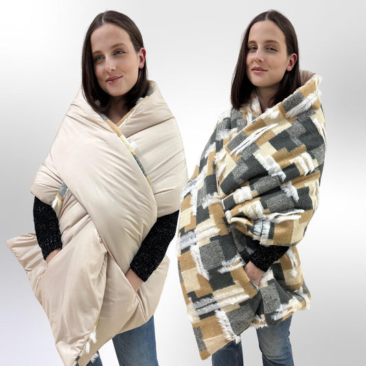 Reversible Puffer Wool Winter Shawl Shoulder Cape Scarf with Pockets 20x85in Warm Gift Womens Clothing - FAVORITTI