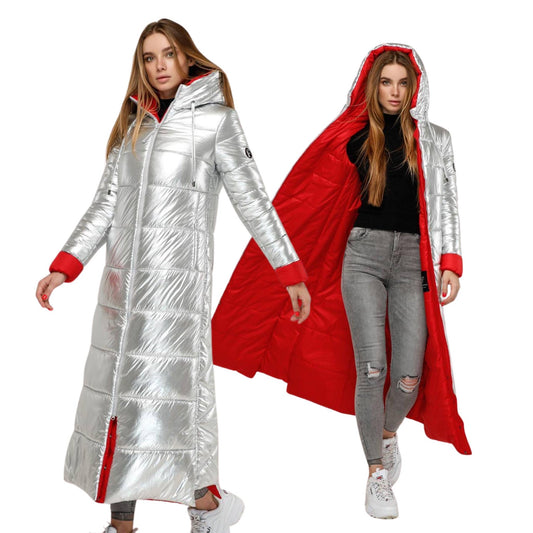 Silver Red Long Puffer Coat With Hood Women Waterproof and Windproof Winter Jacket Пуховик ПВ - 1202 Фольга Тон 8 + Тон 76 - FAVORITTI