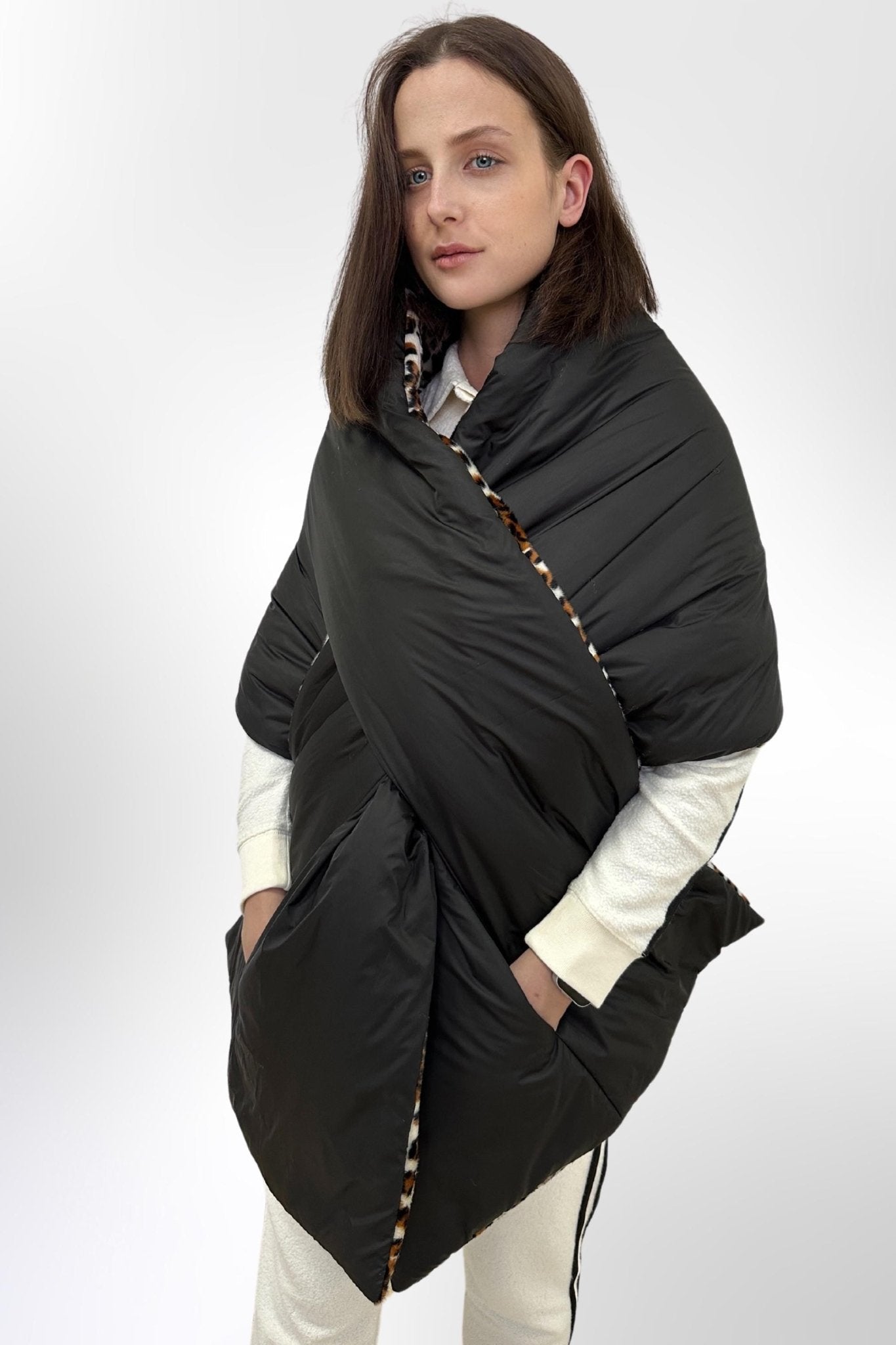 Women's Reversible Puffer Blanket Shawl Cape 20x85in with Removable Belt Warm Winter Gift Womens Clothing - FAVORITTI