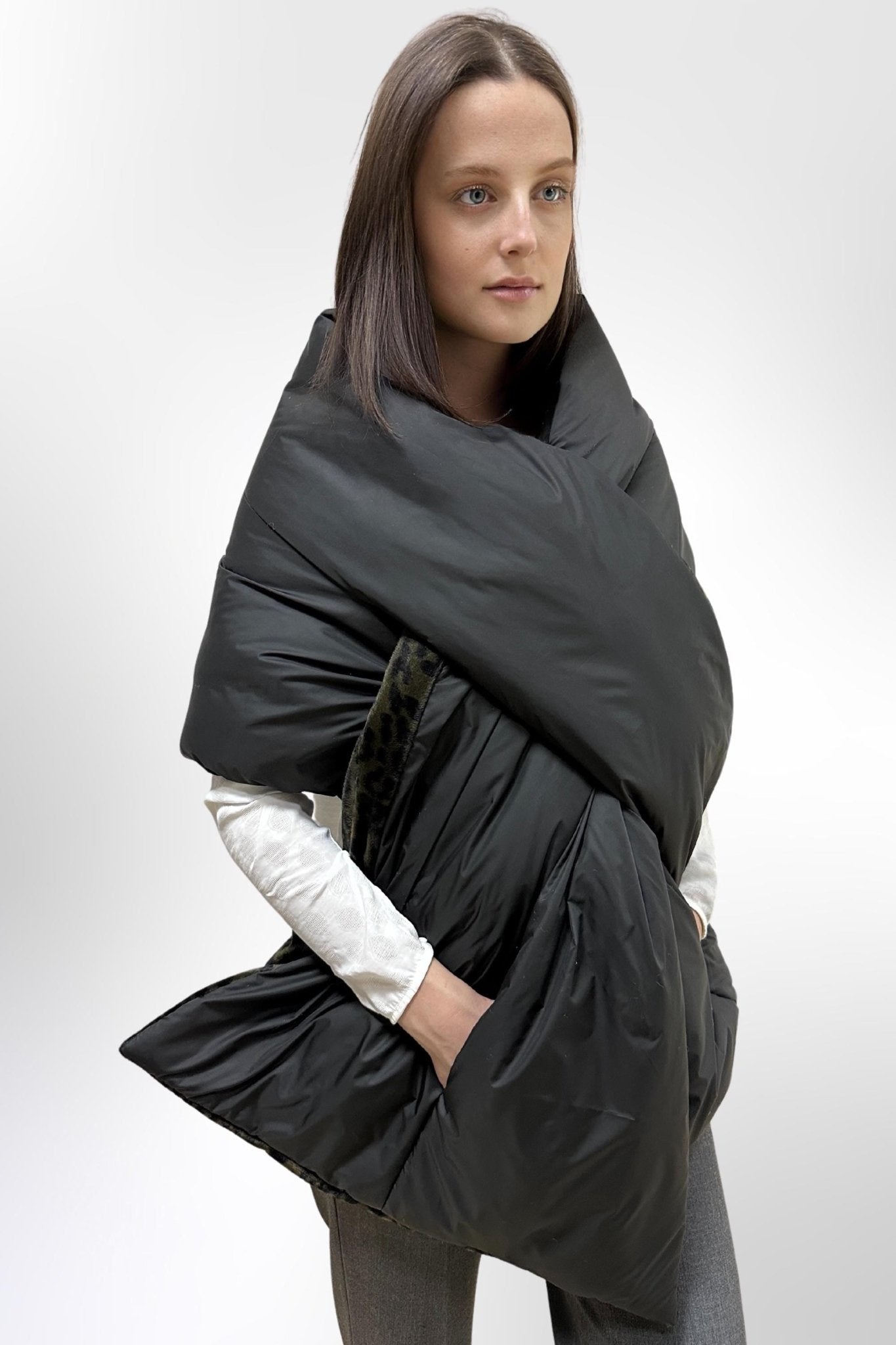 Women's Reversible Puffer Blanket Shawl Cape 20x85in with Removable Belt Warm Winter Gift Womens Clothing - FAVORITTI