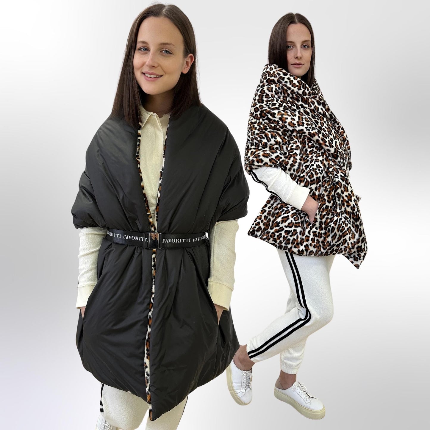 Women's Reversible Puffer Blanket Shawl Cape 20x85in with Removable Belt Warm Winter Gift Womens Clothing - FAVORITTI