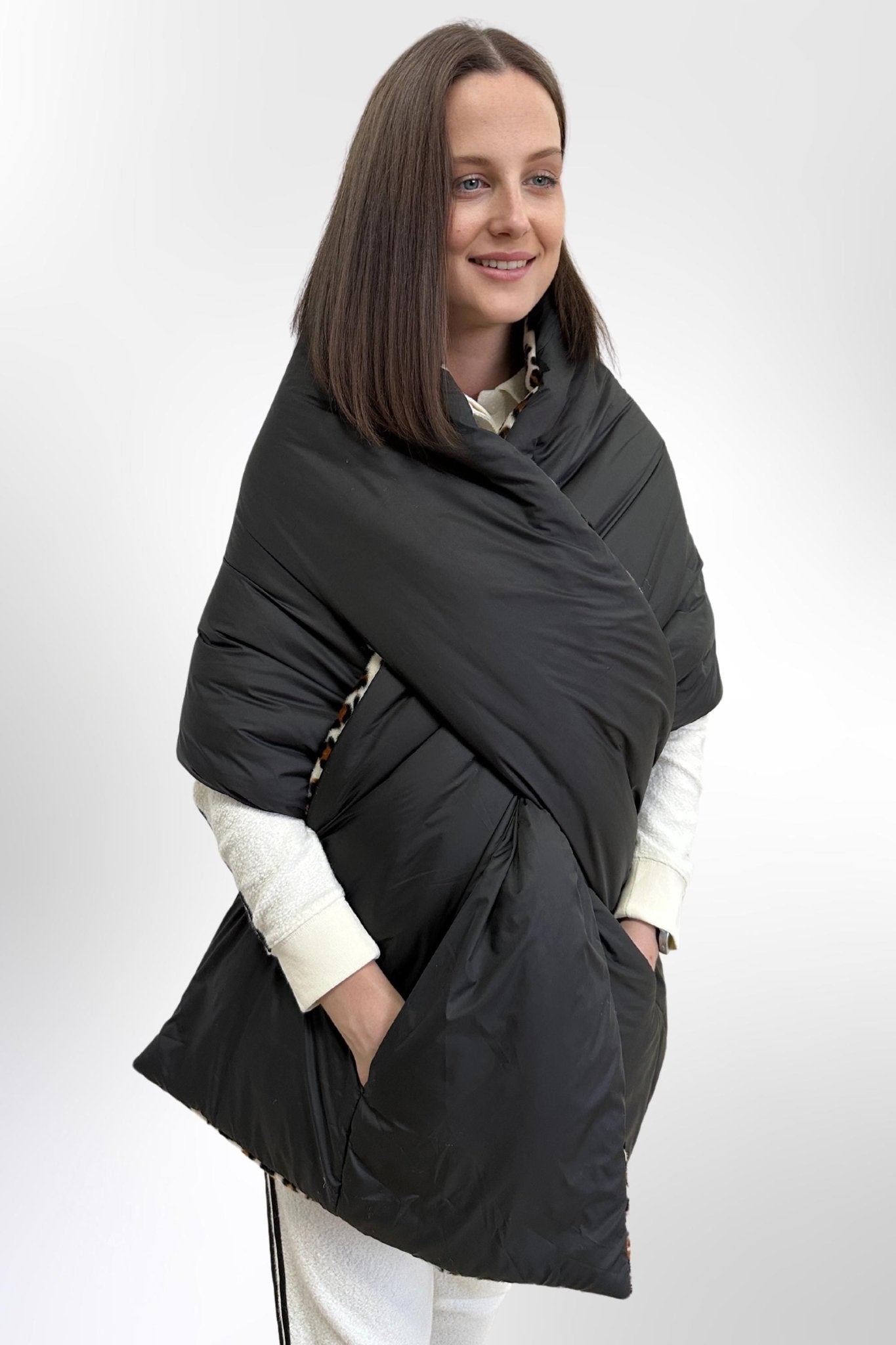 Women's Reversible Puffer Blanket Shawl Cape 20x85in with Removable Belt Warm Winter Gift Womens Clothing - FAVORITTI